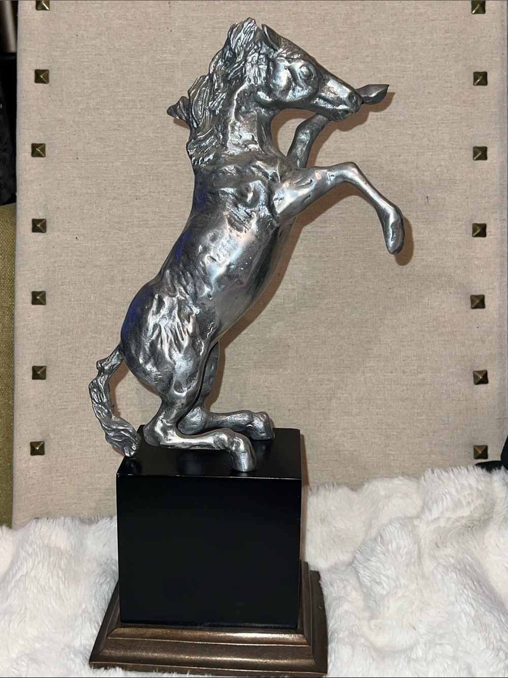 SPI Home Vintage Silver Rearing Horse Sculpture Statue on Pedestal Base